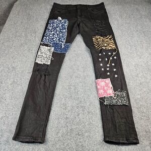 Embellish Mens Black Distressed Patchwork Star Jeans Size 34 Streetwear Slim